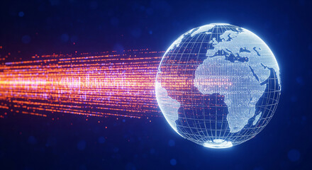 A digital wireframe globe receives a high-speed stream of binary data, a perfect visual for global communication, big data networks, and future technology