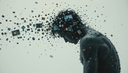 A cinematic shot of a person's shoulders hunched over, with a stream of fragmented images and memories floating away from their form into the white air.