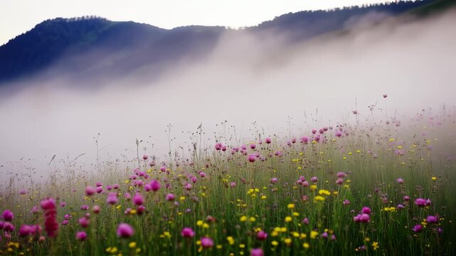 Misty meadow wildflowers in mountains with landscape scenery.