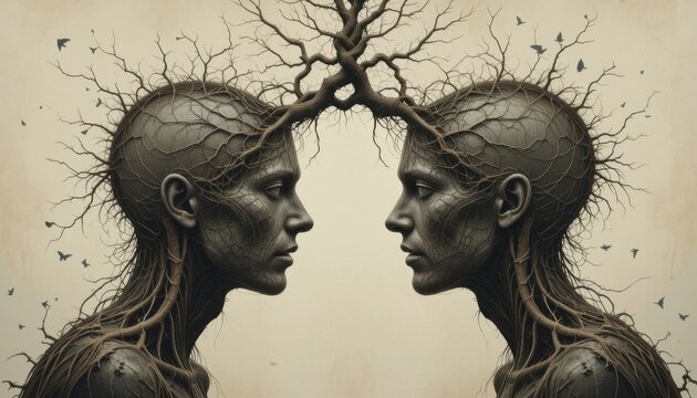 A surreal image of two people's heads connected by a twisting, tangled root system, symbolizing their shared humanity despite their opposing viewpoints.