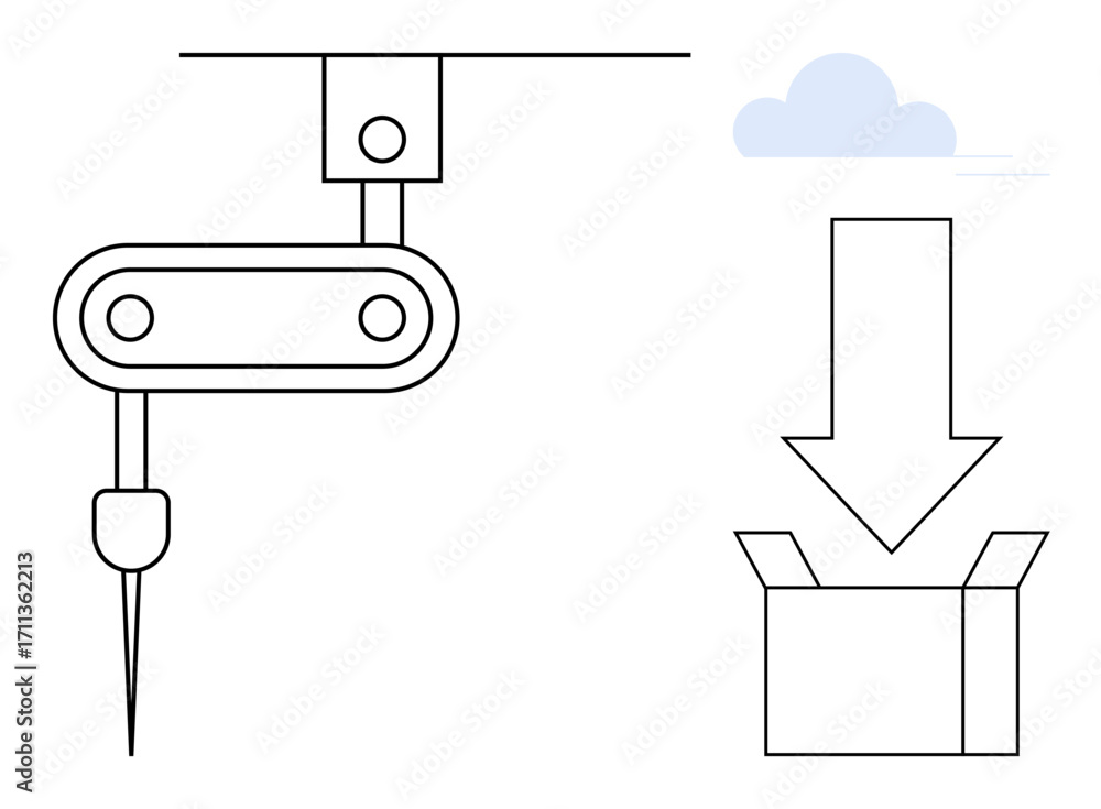 Poster robotic arm with a precision tool aligned towards an open box and large arrow above. ideal for autom
