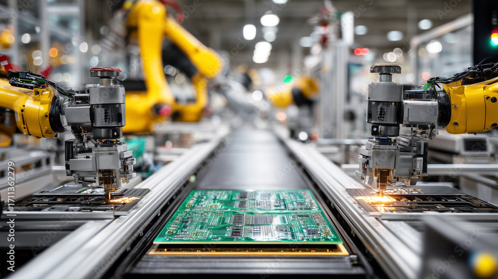 Poster advanced robotics in modern manufacturing assembly line for electronic circuit board production