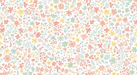 Seamless pattern of small, delicate flowers and leaves in pastel colors, creating a charming and whimsical floral background