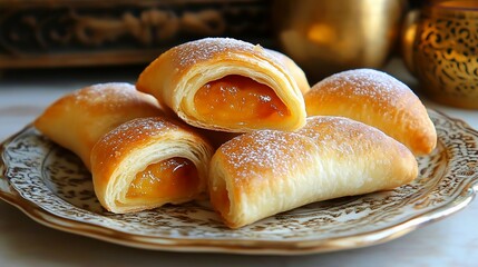 Flaky, crescent-shaped pastries filled with sweet orange jam, dusted with powdered sugar