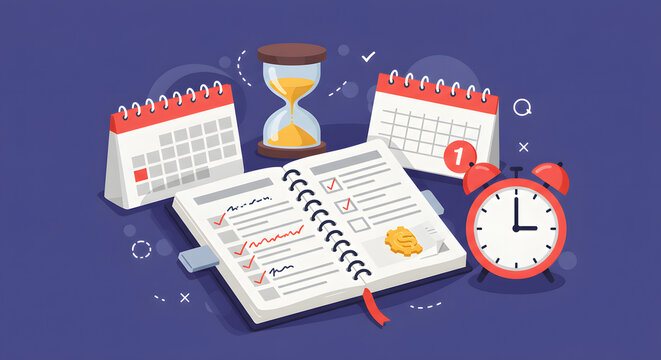 Illustration of a planner, calendars, alarm clock, and hourglass on a blue background.