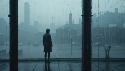 Fototapeta premium A lone figure standing in the rain, looking out a misty window, with a feeling of solitude.