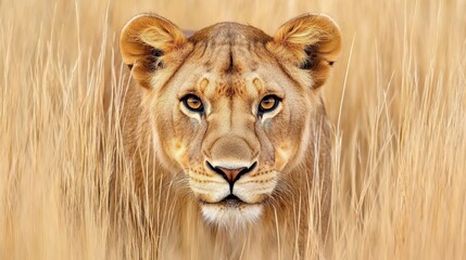 Obraz premium Majestic Lioness Staring Fiercely in Golden Grassland Habitat
