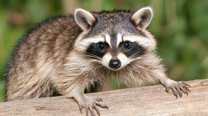 Fototapeta premium Close-up of a curious raccoon exploring its natural habitat