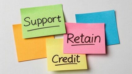 Colorful sticky notes on white background with words support, retain, credit, and various colors for office or study use
