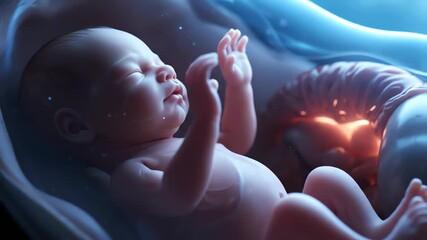 Serene newborn rests beside the glowing placenta, a conceptual image illustrating the profound connection at the origin of life - Powered by Adobe