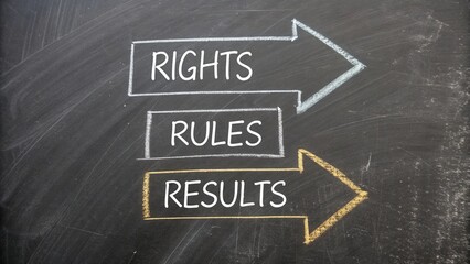 Directions Concept with Rights Rules and Results in Bold Letters on a Blackboard Background for Educational Themes and Decision Making