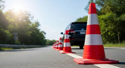 A line of orange traffic cones with white stripes on a road, with a dark suv driving in the background