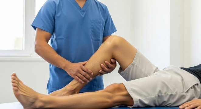 Closeup of a physiotherapist manipulating a patients leg and knee to assess range of motion and identify potential issues