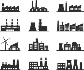 Fototapeta premium Industrial factory icons set, manufacturing plant silhouettes, energy production buildings, renewable power facility, cooling towers, smokestacks, urban industry infrastructure illustration