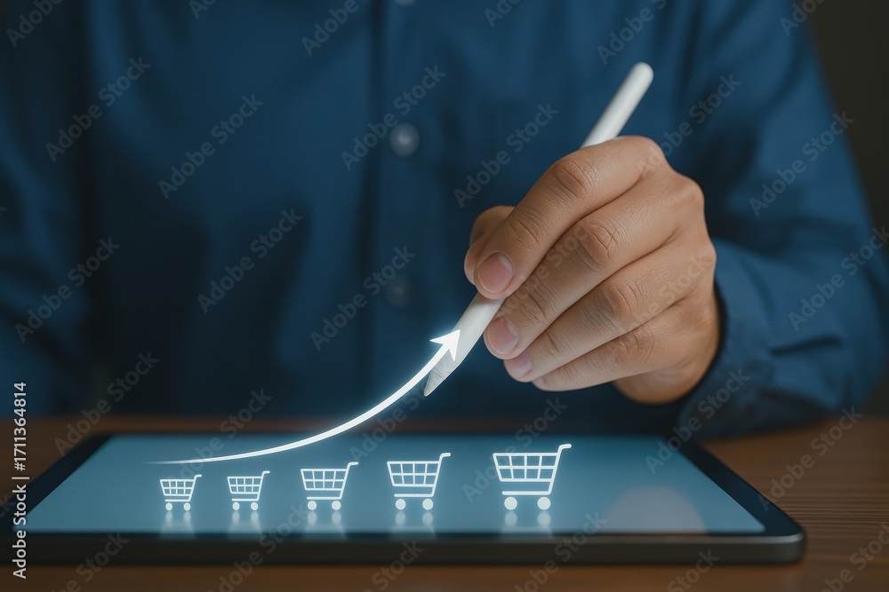Poster Logistics cost increase. Hand using a stylus on a tablet displaying shopping carts and growth graphic.