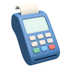 A stylized 3D rendering of a blue point-of-sale terminal with a receipt emerging.