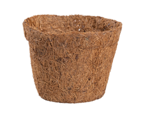 Eco-friendly coconut fiber pot isolated on transparent background, ideal for gardening, sustainable cultivation and natural decoration.