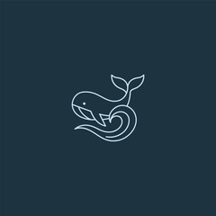 Whale with ocean waves line art minimalist marine logo design.