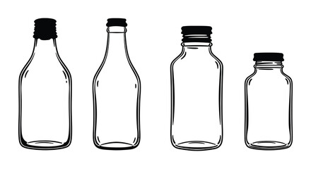 Four empty glass bottles with black caps in a simple sketch style