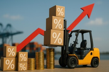 Logistics cost increase. Forklift lifting boxes with rising graph and coins in the background.