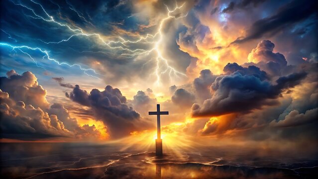 Dramatic sky with lightning over a cross silhouette in the water