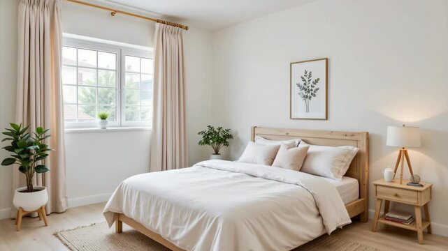 Minimalist modern bedroom with wooden bed frame, white bedding, beige curtains, green plants, nightstand, lamp, pillows, and natural light from large window creating calm cozy atmosphere