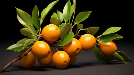 Kumquat Fruit Branch Still Life: Vibrant Orange Citrus with Green Leaves, Fresh Healthy Food, Botanical Art, High-Resolution Image