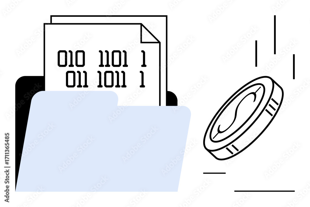 Poster folder containing documents with binary code next to a falling coin symbolizing digital transactions