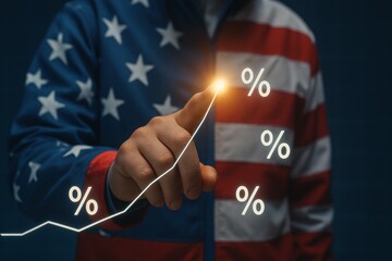 Logistics cost increase. Person in American flag jacket pointing at a rising graph with percentages.