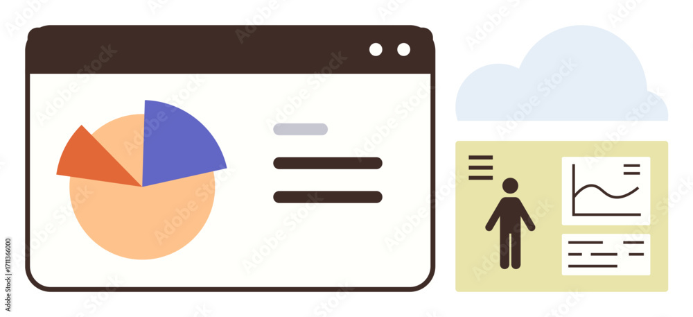 Poster browser window displays a pie chart and text, accompanied by an analytics panel with person icon, li
