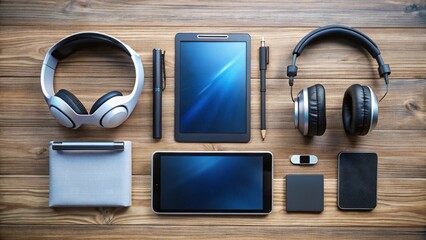 Headphones resting on an open book, next to a laptop displaying a vector icon