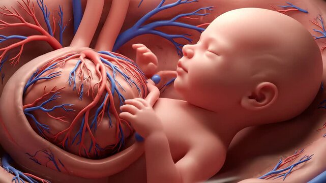 Anatomical illustration of a human fetus peacefully developing in the womb, connected by the umbilical cord to the vascular placenta