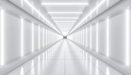 A symmetrical, bright white futuristic corridor with recessed lighting and reflective surfaces, leading to a distant opening