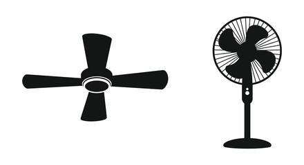 Black and white illustration of a ceiling and pedestal fan