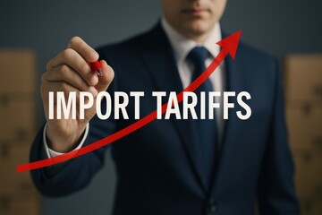 Logistics cost increase. Businessman illustrating rising import tariffs with a marker.