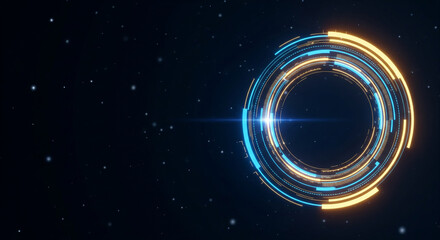 A futuristic circular HUD with glowing orange and blue rings on a starry background, a perfect abstract for a high-tech interface, loading screen, or portal
