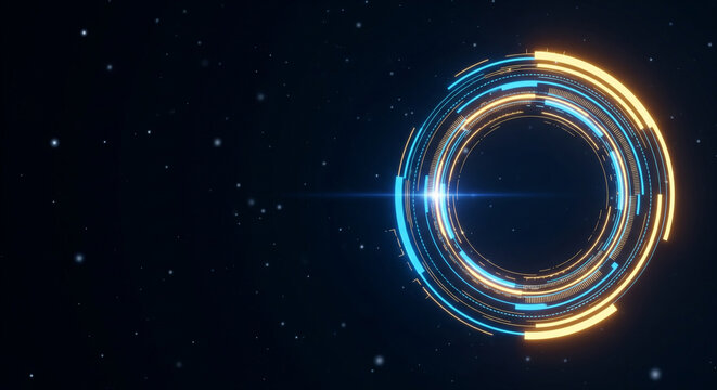 A futuristic circular HUD with glowing orange and blue rings on a starry background, a perfect abstract for a high-tech interface, loading screen, or portal