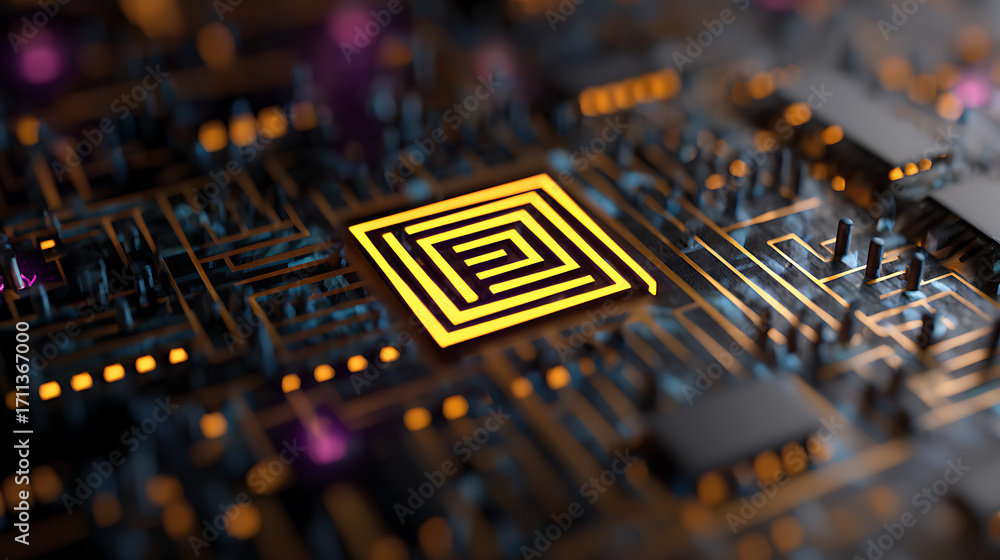 Poster depict a maze-like chip design representing digital complexity