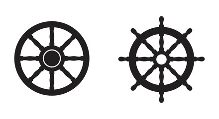 Two black ship wheels displayed against a plain white background illustration © Mstsalma