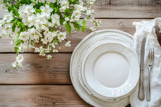 Elegant springtime table setting featuring blossoming branches and white plates - Powered by Adobe