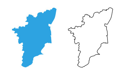 Map of the state of Tamil Nadu, India. Map with detailed outlines and blue silhouettes