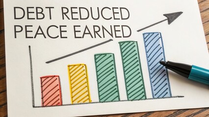 Colorful bar graph with text emphasizing debt reduction and earned peace, illustrating financial success and growth concepts.