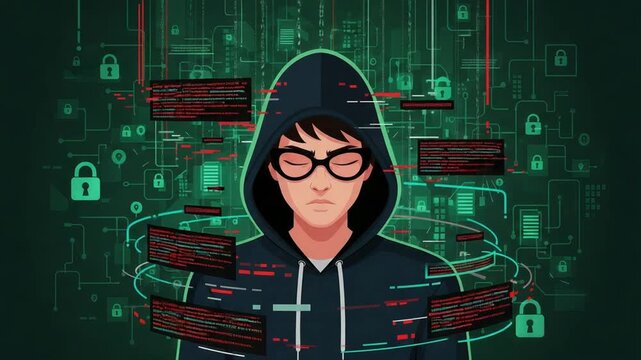 Young Anime Style Hacker in Hoodie with Digital Code Background