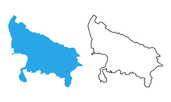 Map of the state of Uttar Pradesh, India. Map with detailed outlines and blue silhouettes