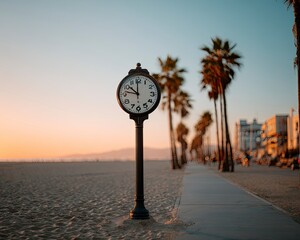 Beachfront clock at sunset, sandy path