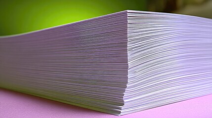 Stack of white paper, light lavender hue, stacked tightly, angled, against a soft green-yellow backdrop, on a pink surface
