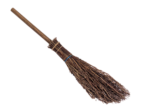 Traditional Witch Broomstick Made of Wood and Twigs Isolated on White Background
