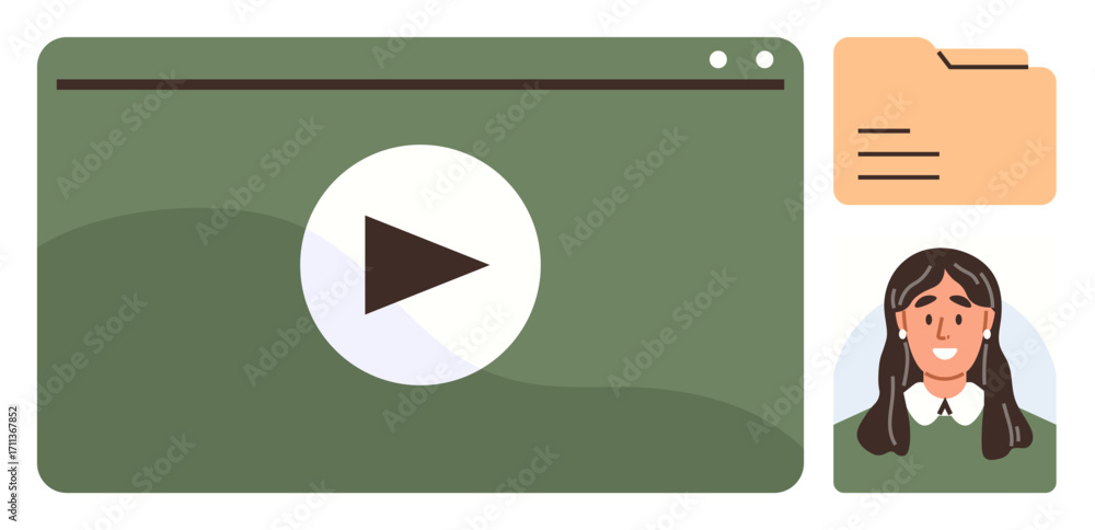 Poster large video player interface with play button, file folder icon, and smiling instructor avatar. idea