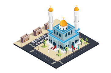 Fototapeta premium 3d isometric vector illustration of congregational prayer at a mosque in the middle of the city near the main road. Suitable for Diagrams, Infographics, Book Illustration