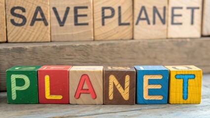 Naklejka premium Colorful Wooden Blocks Spell Out Planet Against Background of Save Planet Message, Eco-Friendly Concept